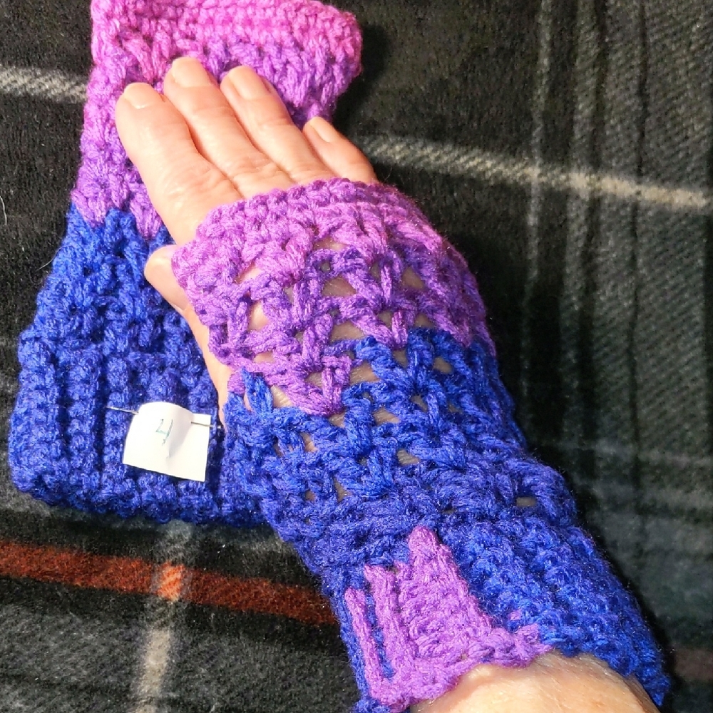 Handmade Crochet Purple and Blue Fingerless Gloves Small